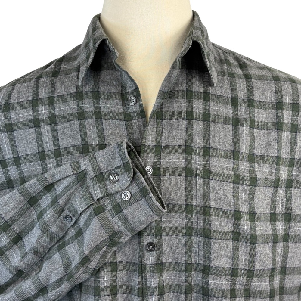 Vintage J.Crew Mens Flannel Size L Long Sleeve Gray Green Plaid Button Up Cotton